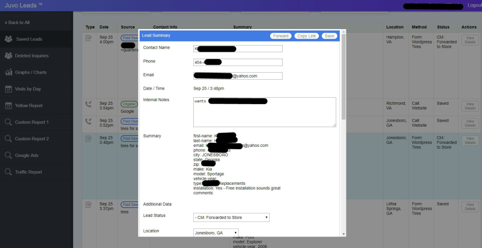 screenshot of Juvo Leads Call Tracking